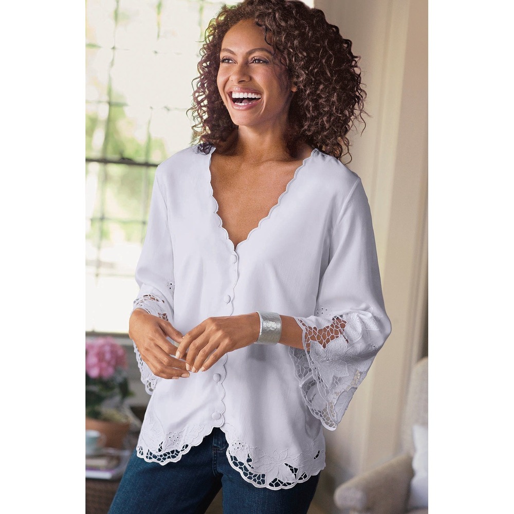 Soft Surroundings White Eyelet Lace Scalloped Button Front Blouse XL Womens Boho